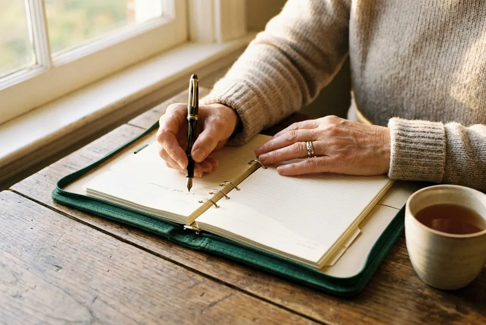 Hands writing in an open organizer binder with a fountain pen