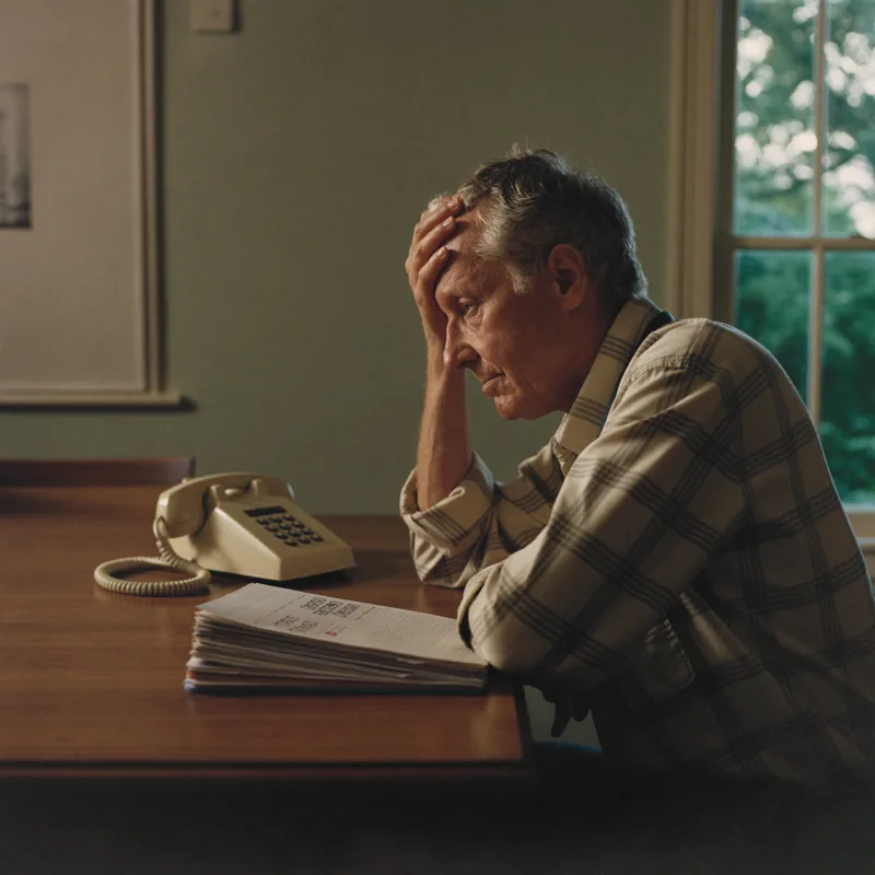 An older man at the kitchen table beside a landline phone and a stack of papers